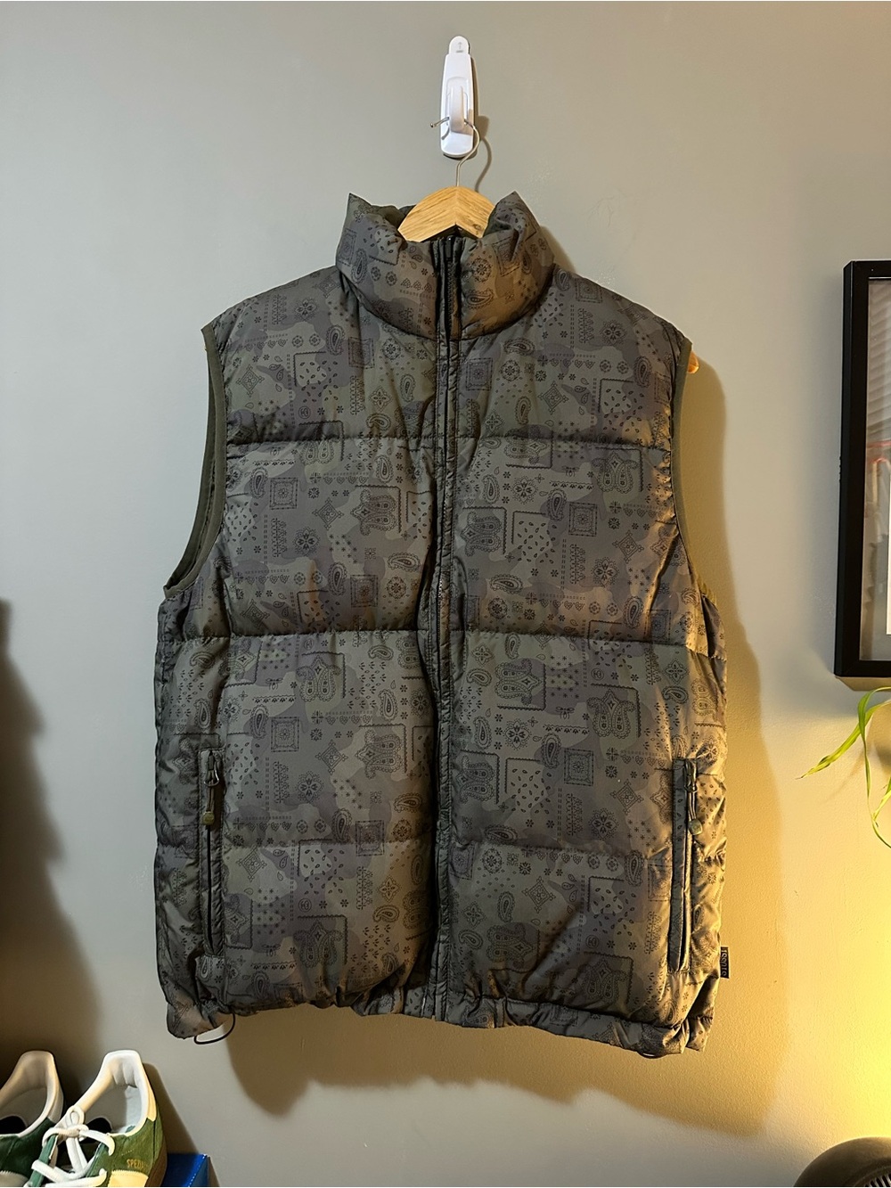 Stussy Olive Green Quilted Reversible Puffer Vest with Subtle Print
